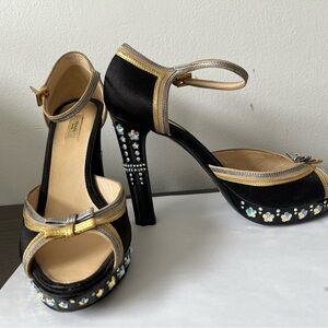 Prada Sling Back Heels with Gold and Silver Leather Trim